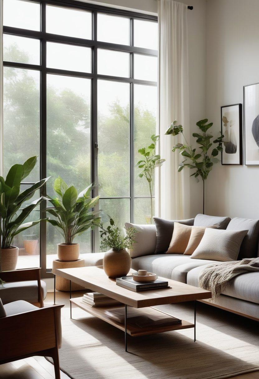 A chic, minimalist living room showcasing a harmonious blend of furniture styles, with a modern sofa, a vintage coffee table, and trendy decor elements. Sunlight streams through the large windows, illuminating warm earth tones and elegant textures that illustrate universal style trends. A few potted plants add a touch of nature to the space. The overall vibe should be uplifting and inspiring, inviting viewers to elevate their everyday life with beautiful style choices. super-realistic. vibrant colors. light and airy atmosphere.