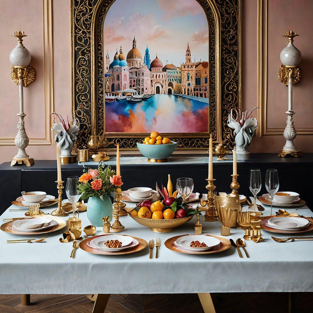 A stunning collage showcasing global elegance: a luxurious dining table set with exquisite dishes from various cultures, vibrant fashion pieces artfully displayed, elegant architectural elements symbolizing different countries. The background features soft pastel hues with hints of gold, radiating charm and sophistication. super-realistic. vibrant colors. soft pastel background.