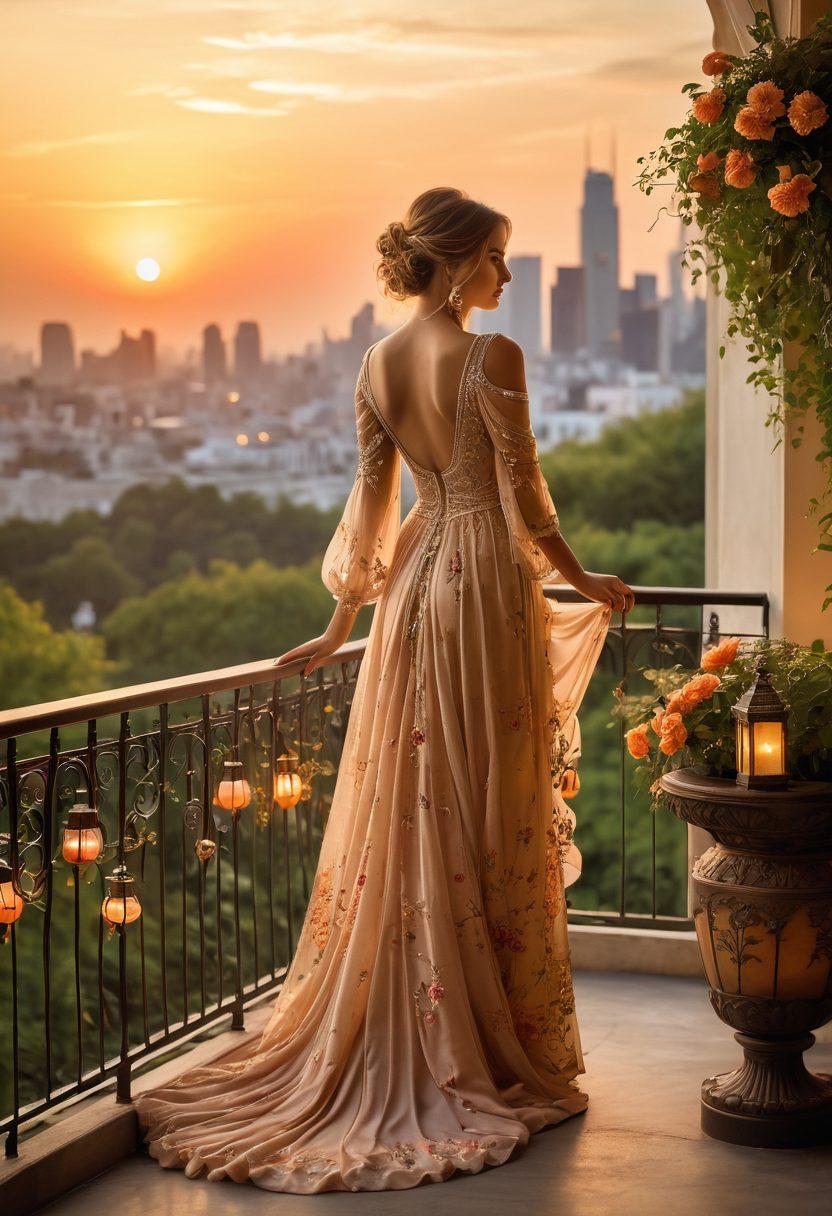 A graceful woman in an elegant gown stands atop a beautiful balcony overlooking a stunning international skyline at sunset, surrounded by lush greenery and delicate lanterns. The scene captures a blend of cultural elements such as ornate architecture and vibrant flowers, symbolizing global charm. The woman embodies sophistication, with flowing hair and a serene expression, exuding a feeling of tranquility and elegance. The color palette is warm and inviting, reflecting an enchanting atmosphere. super-realistic. vibrant colors. soft lighting.